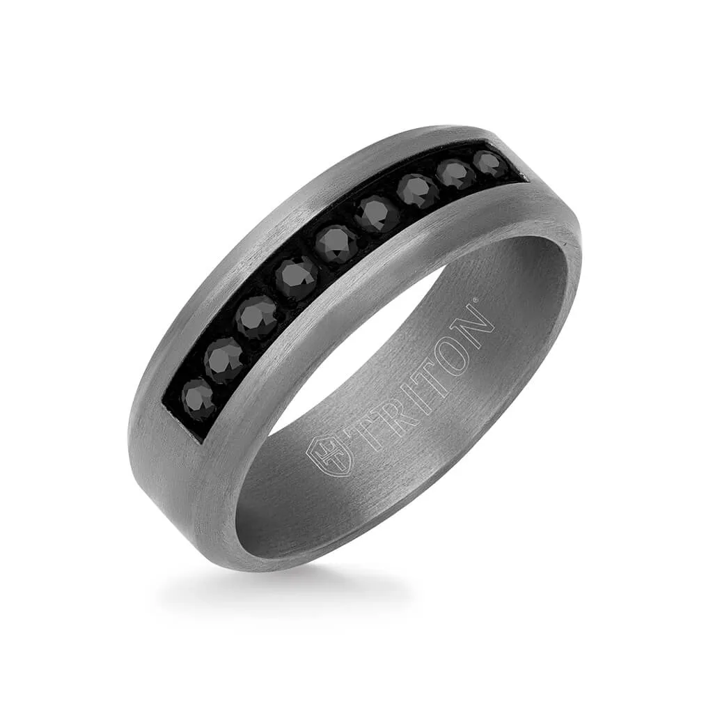 7MM Tantalum Ring - Channel Set Black Sapphires and Bevel Edge