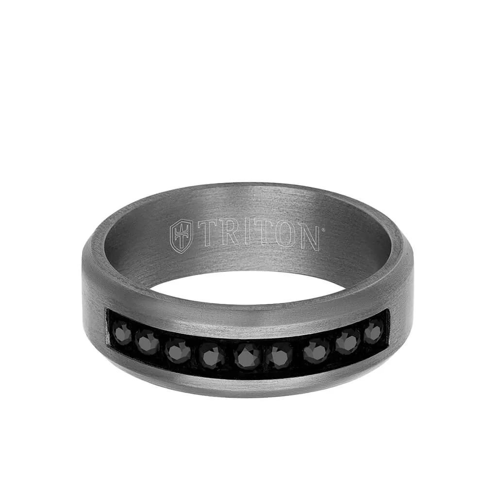 7MM Tantalum Ring - Channel Set Black Sapphires and Bevel Edge