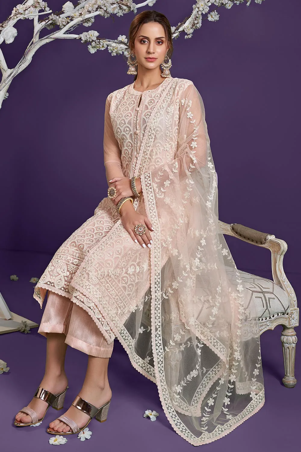 Baby Peach Lucknowi Chikankari Embroidered Pant Style Suit