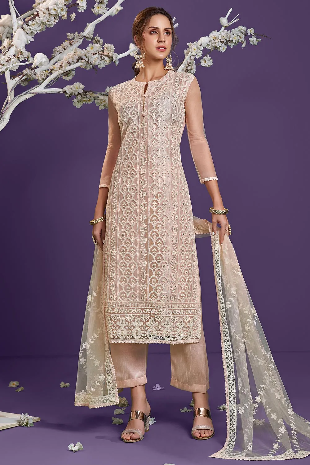 Baby Peach Lucknowi Chikankari Embroidered Pant Style Suit