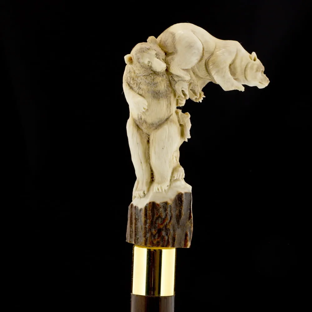 Bear Family Intricate Carved Bone Handle Collector Cane w/Custom Shaft and Collar