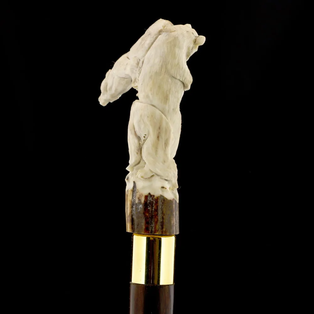 Bear Family Intricate Carved Bone Handle Collector Cane w/Custom Shaft and Collar