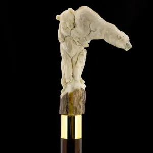 Bear Family Intricate Carved Bone Handle Collector Cane w/Custom Shaft and Collar