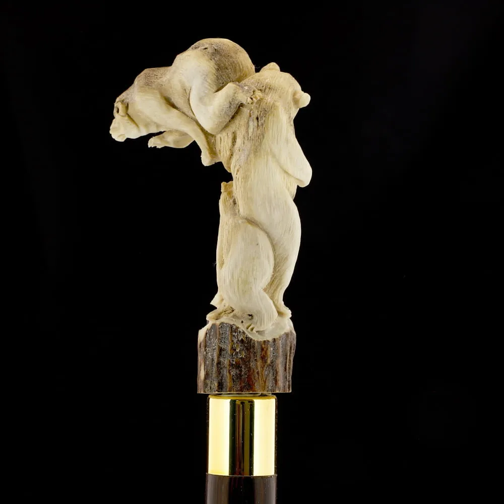 Bear Family Intricate Carved Bone Handle Collector Cane w/Custom Shaft and Collar