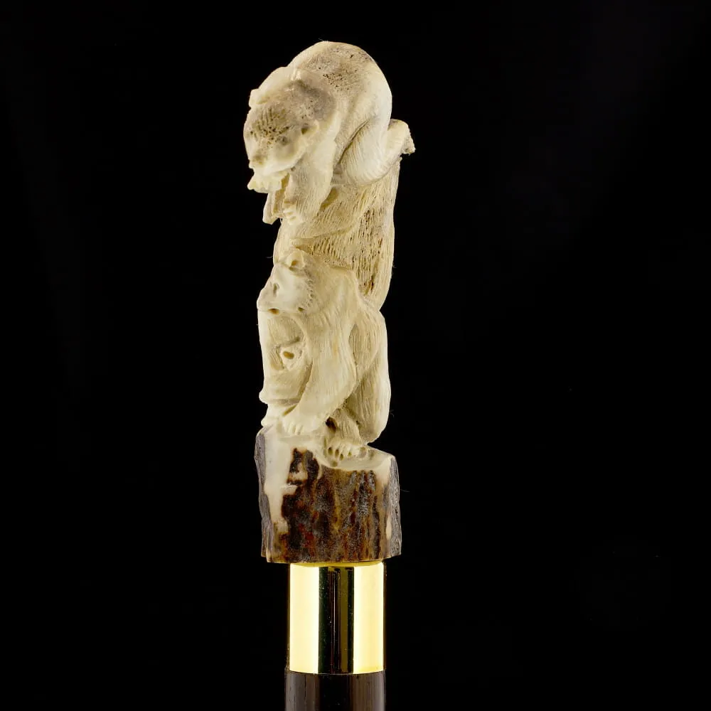 Bear Family Intricate Carved Bone Handle Collector Cane w/Custom Shaft and Collar