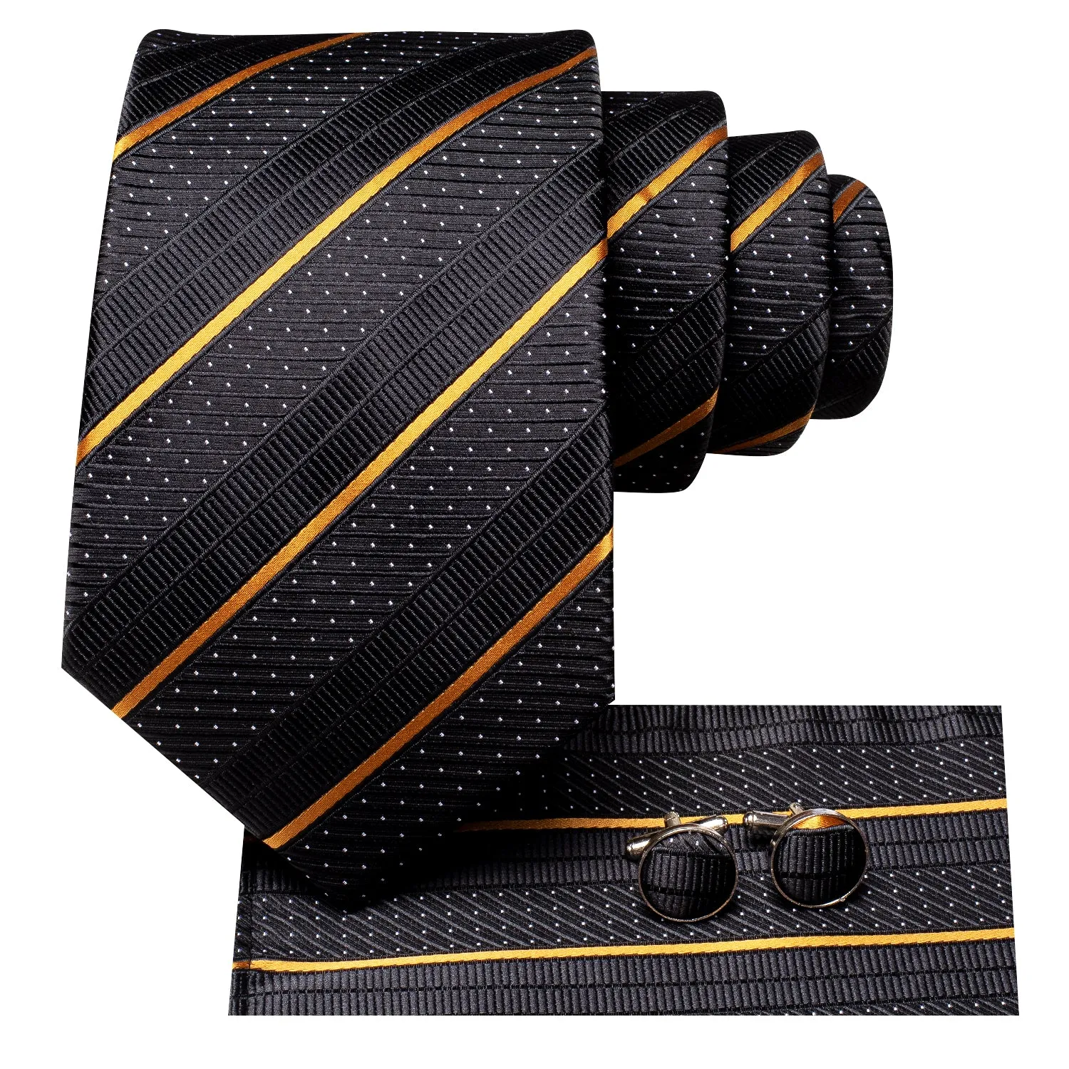 Black Necktie Gold Stripes Hi-Tie Mens Tie Pocket Square Cufflinks Set