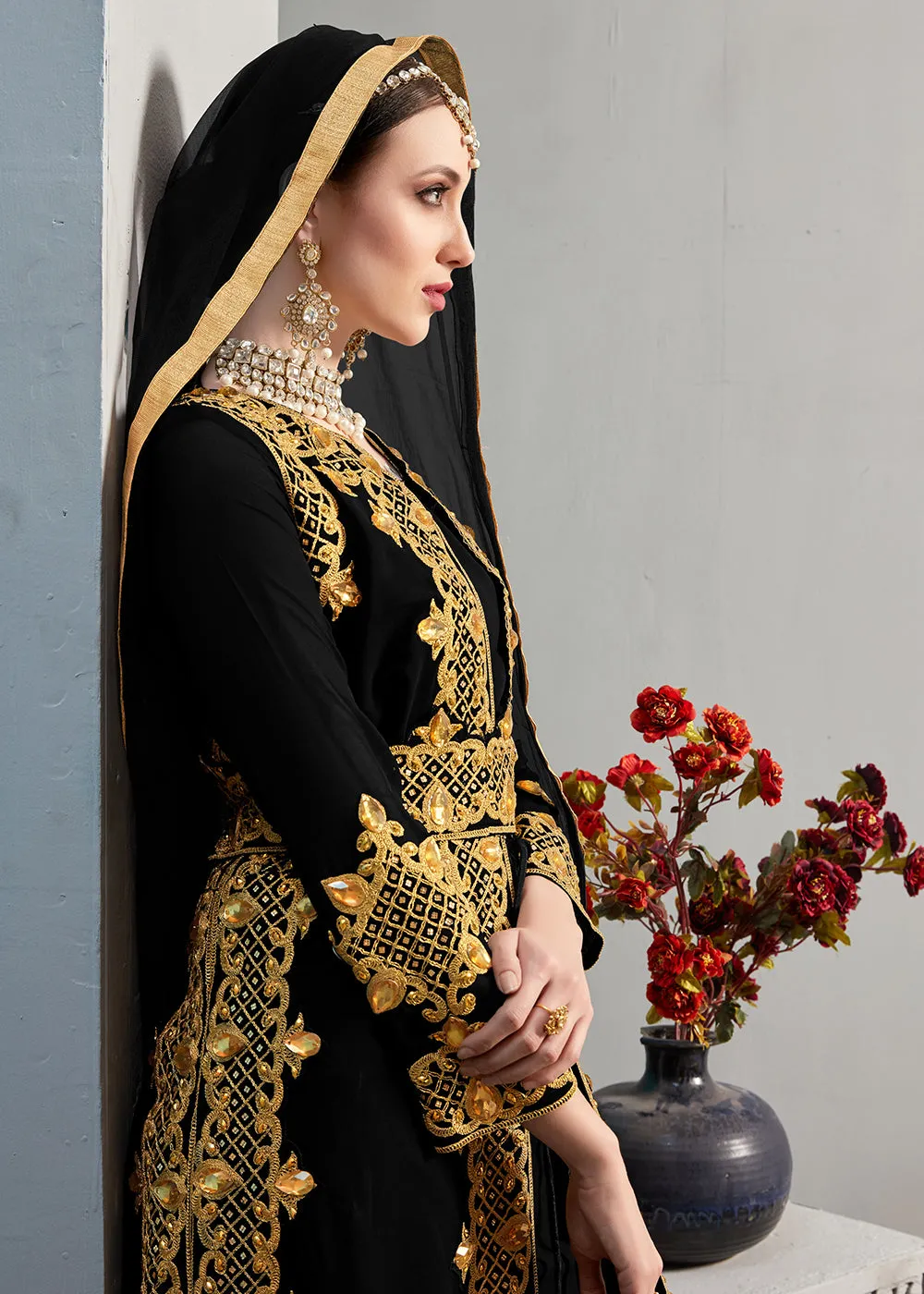 Black Pant Style Jacket Georgette Anarkali Suit