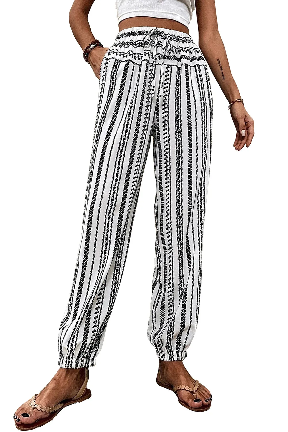 Black Stripe Geometric Print Drawstring Cuff Pants