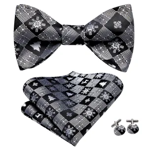 Black White Christmas Snowflakes Self-tied Bow Tie Hanky Cufflinks Set