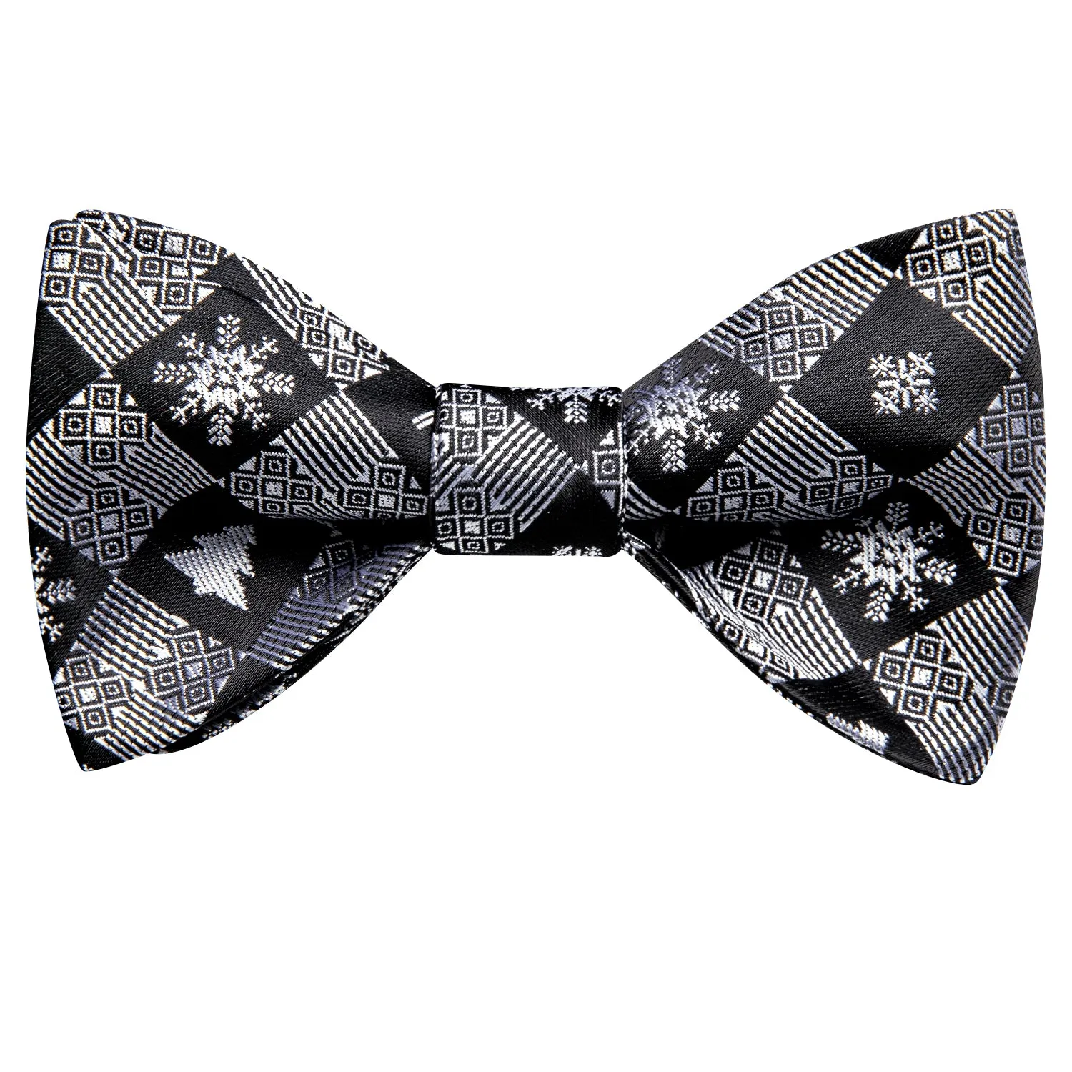 Black White Christmas Snowflakes Self-tied Bow Tie Hanky Cufflinks Set