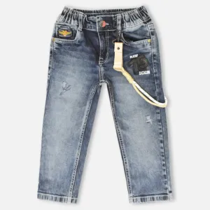 Blue Elasticated Waist Distressed Jeans