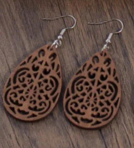 Brown Wood IntricateTeardrop Earrings