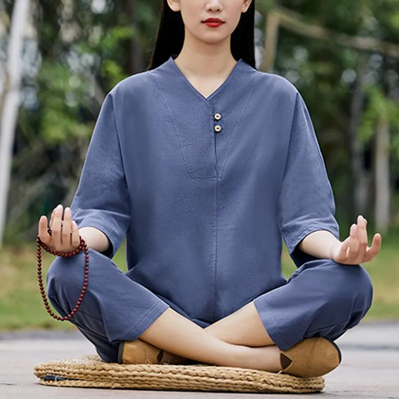 Buddha Stones 2Pcs Shirt Top Pants Meditation Zen Tai Chi Cotton Linen Clothing Women's Set