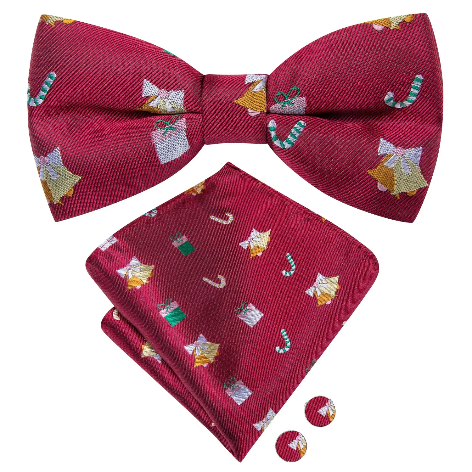 Christmas Deep Red Novelty Pre-tied Bow Tie Hanky Cufflinks Set