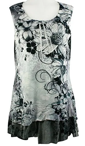 Creation - Black & White Flowers, Ruffled Hem Floral Print Tunic Top