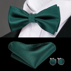 Dark Green Solid Pre-tied Bow Tie Hanky Cufflinks Set