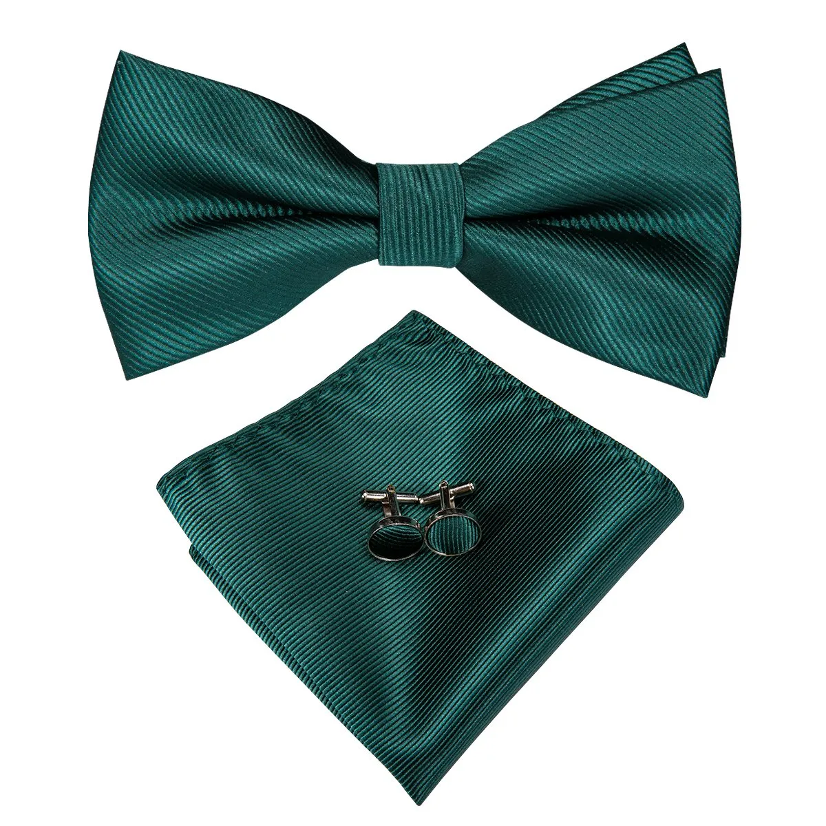 Dark Green Solid Pre-tied Bow Tie Hanky Cufflinks Set