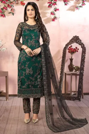 Dazzling Green Embroidered Net Pant Style Suit