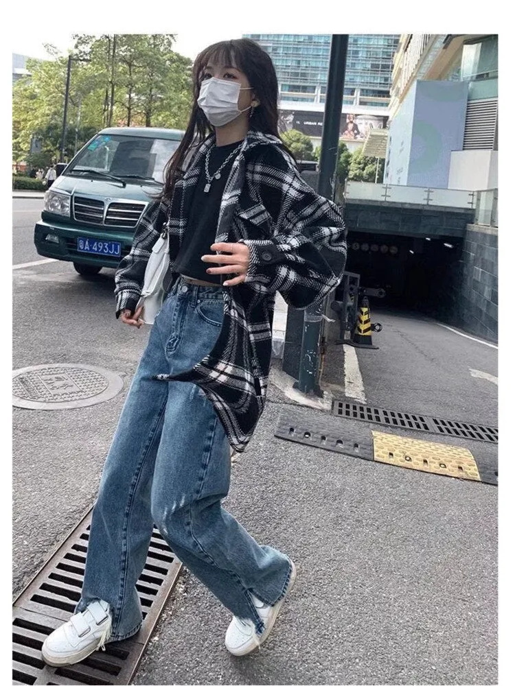 deanwangkt Trend Zipper Simple Literary Jeans Dark Lazy Straight Pants Summer New Women's High Waist Temperament Trousers