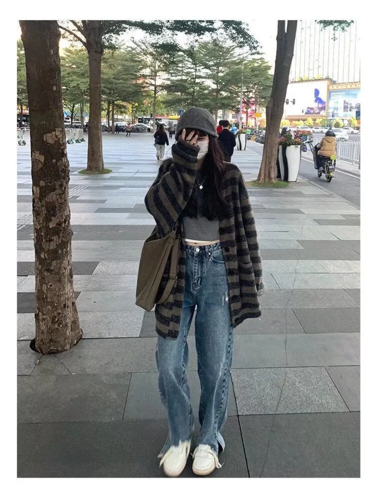 deanwangkt Trend Zipper Simple Literary Jeans Dark Lazy Straight Pants Summer New Women's High Waist Temperament Trousers