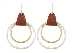 Double Hoop With Brown Leather Earrings