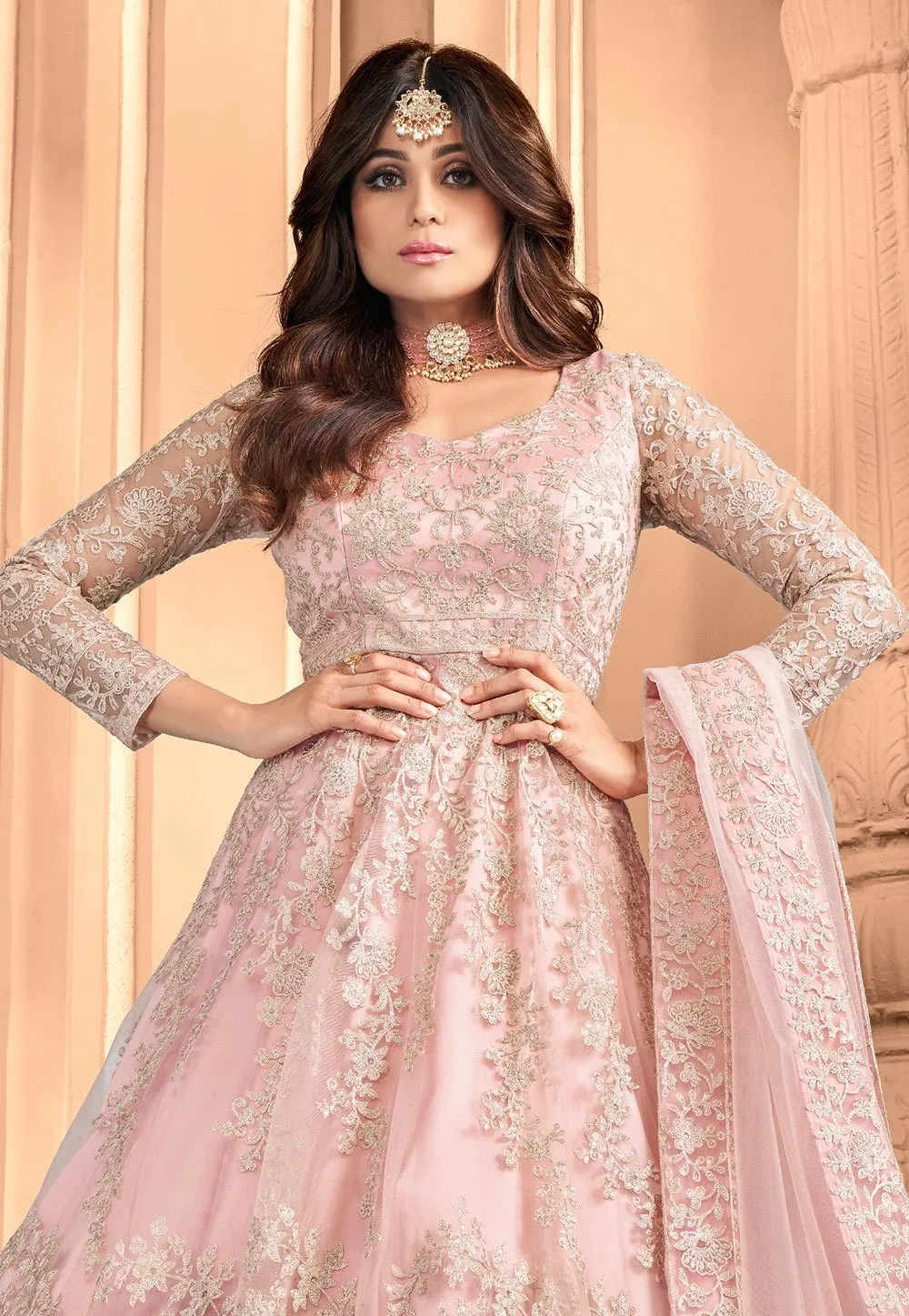 Flamingo Pink Shamita Shetty Net Floor Length Anarkali Suit