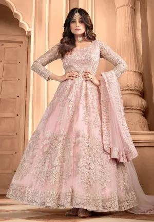 Flamingo Pink Shamita Shetty Net Floor Length Anarkali Suit