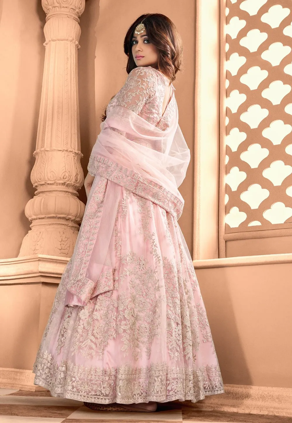 Flamingo Pink Shamita Shetty Net Floor Length Anarkali Suit