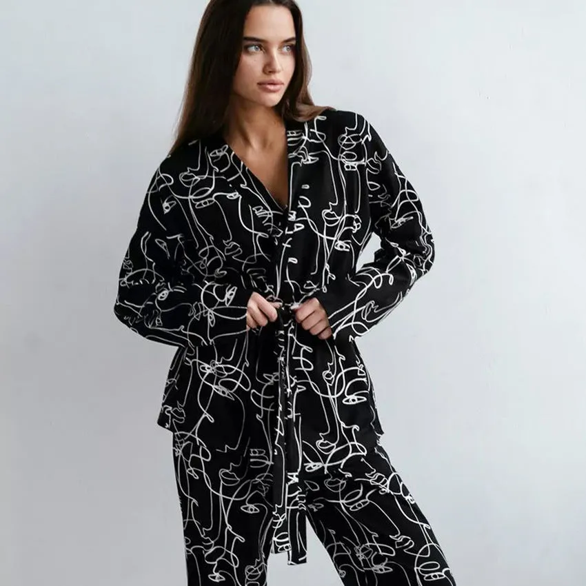 Floral Print Cardigan Long Sleeve Pants Homewear Loose Casual Comfortable Pajamas Women