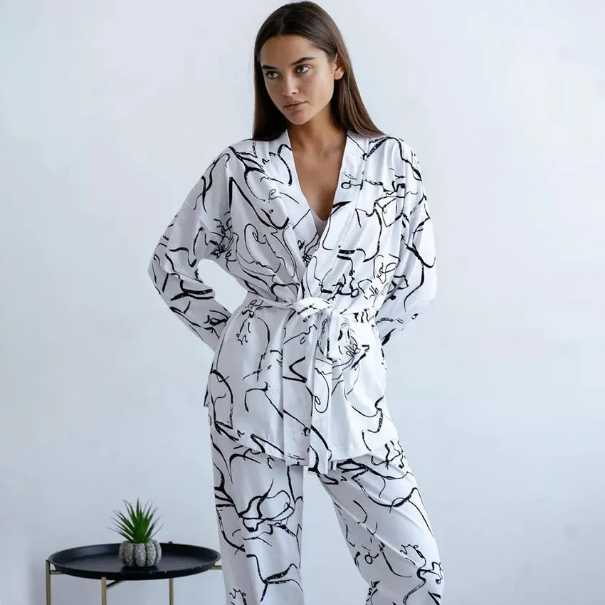 Floral Print Cardigan Long Sleeve Pants Homewear Loose Casual Comfortable Pajamas Women