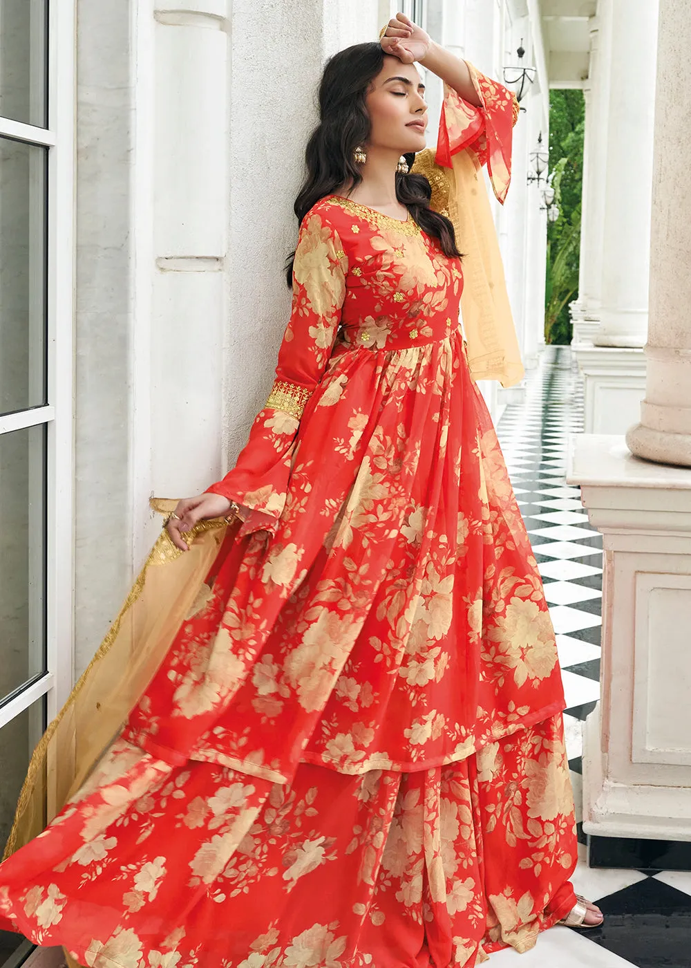 Floral Printed Memorable Red Trendy Sharara Style Suit