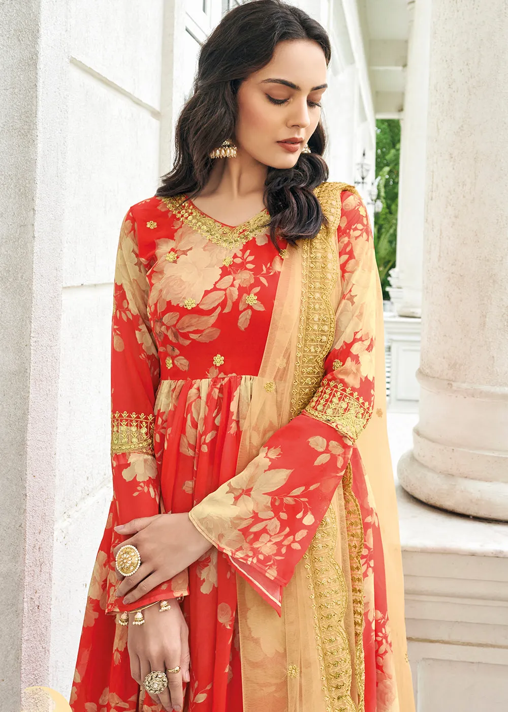 Floral Printed Memorable Red Trendy Sharara Style Suit