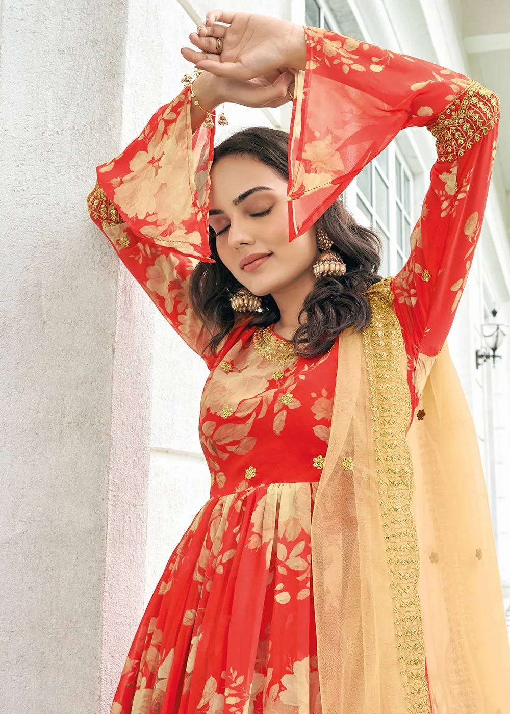 Floral Printed Memorable Red Trendy Sharara Style Suit