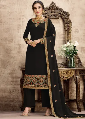 Georgette Classy Black Heavy Embroidered Pant Suit