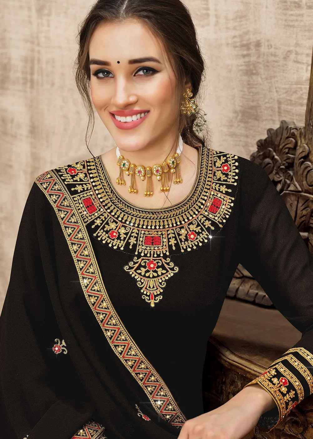 Georgette Classy Black Heavy Embroidered Pant Suit