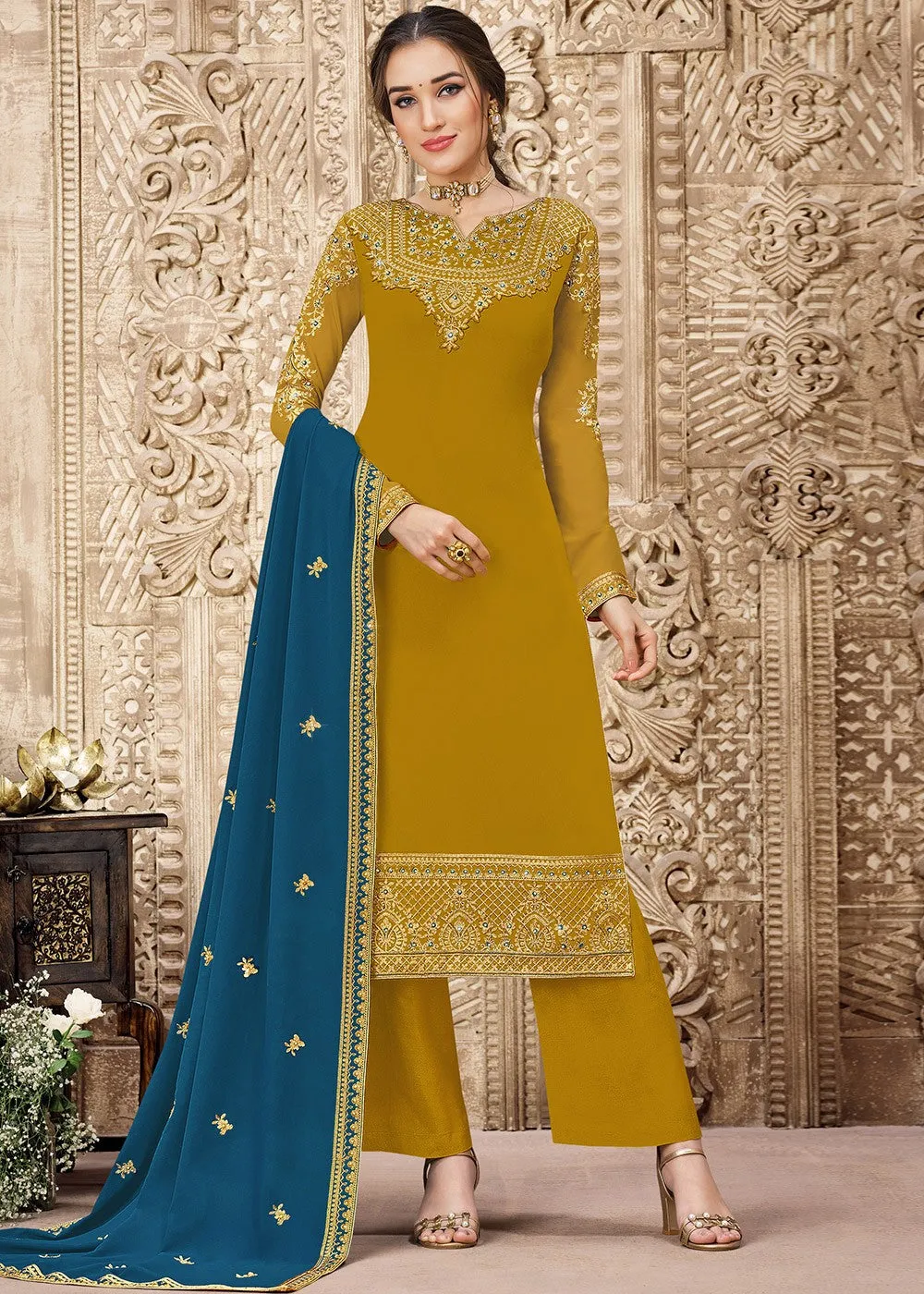 Georgette Mustard Yellow Heavy Embroidered Pant Suit