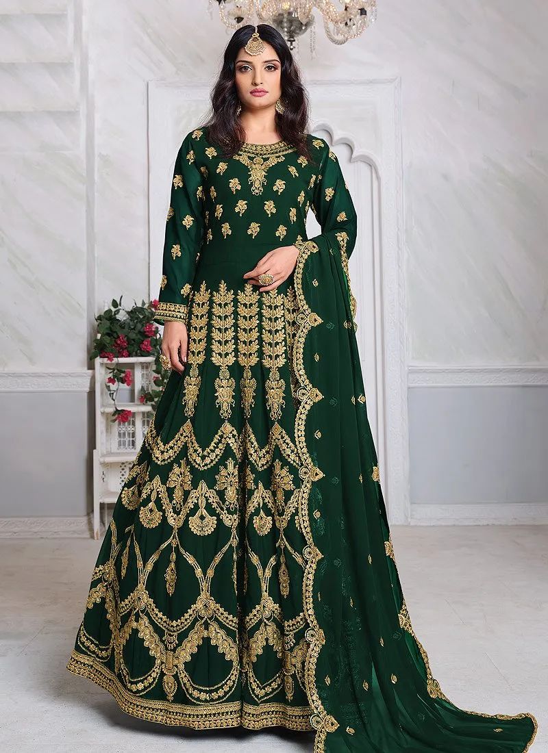 Green Abaya Style Embroidered Anarkali Suit