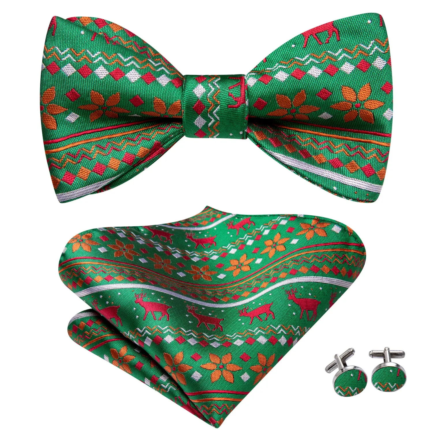 Green Red Christmas Novelty Self-tied Bow Tie Hanky Cufflinks Set