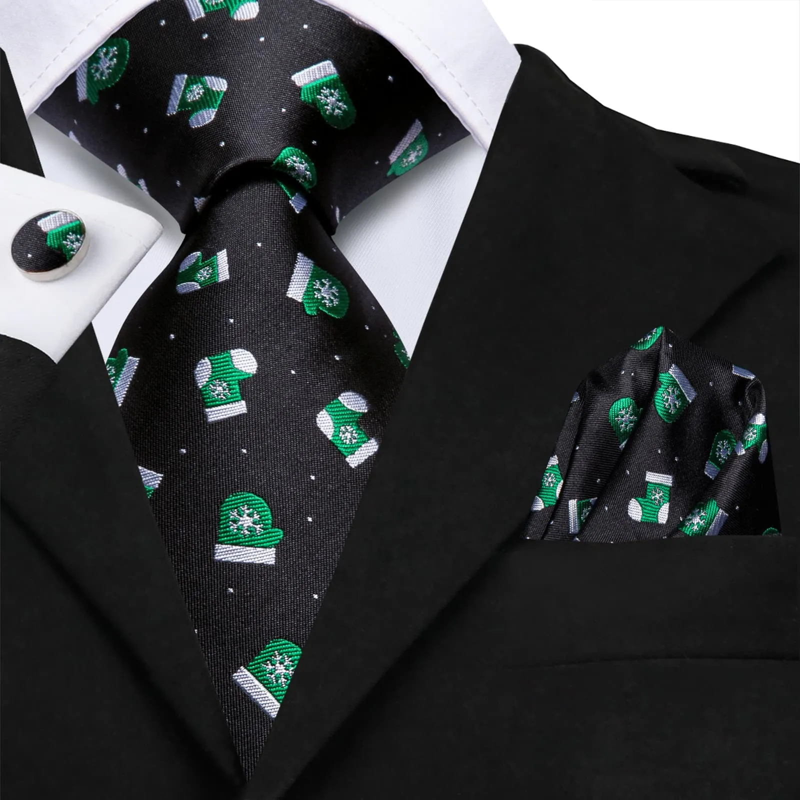 Hi-Tie Black Necktie Novelty Socks Pattern Men Tie Hanky Cufflinks Set