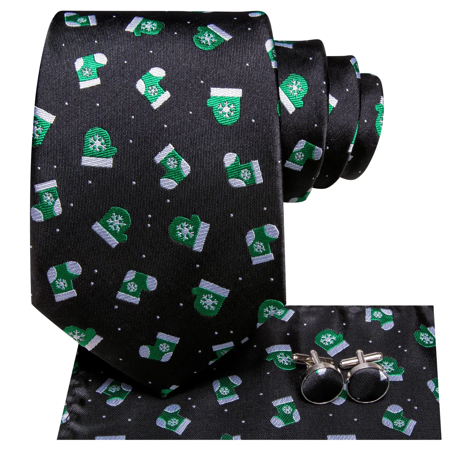 Hi-Tie Black Necktie Novelty Socks Pattern Men Tie Hanky Cufflinks Set