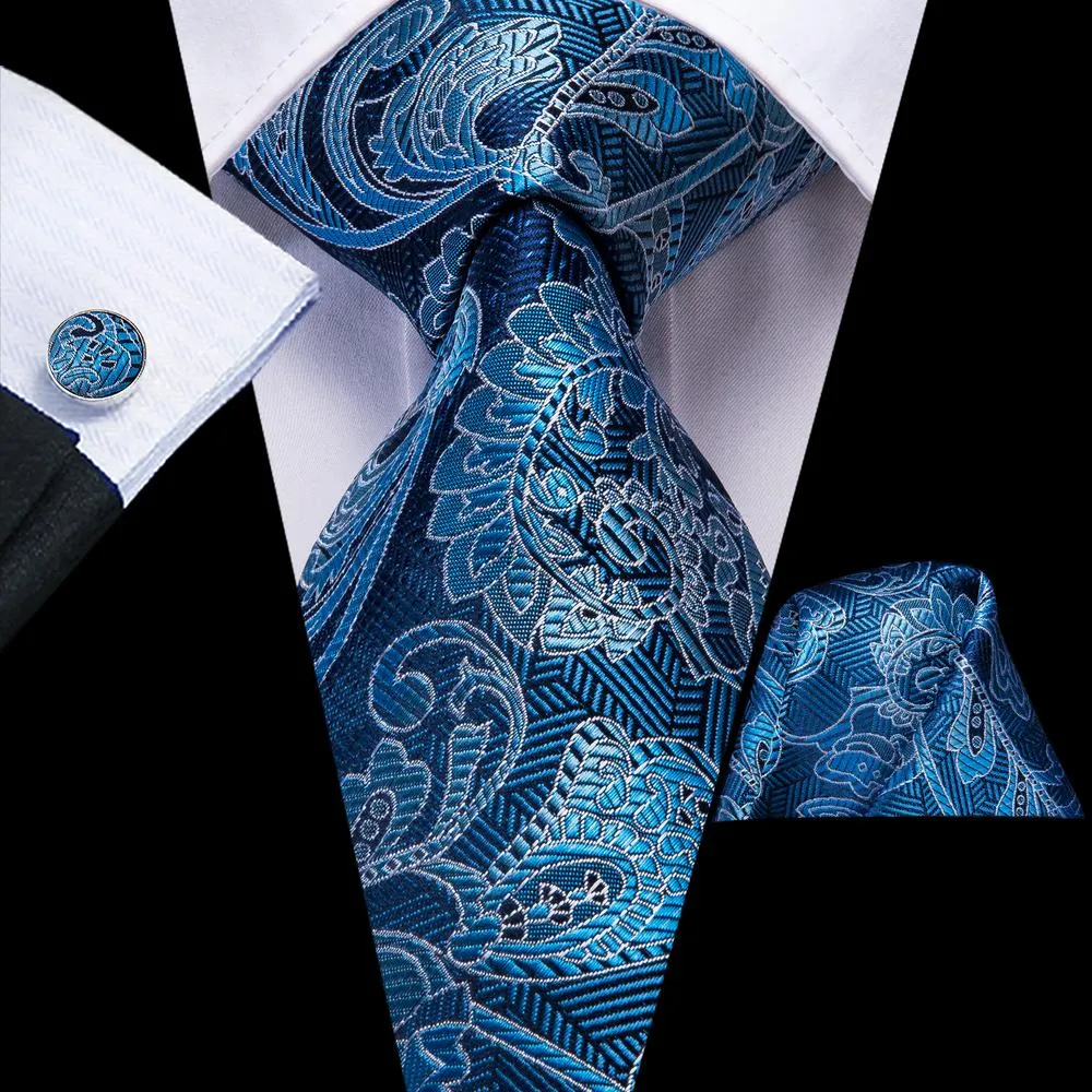 Hi-Tie Blue Paisley Silk Men's Necktie Pocket Square Cufflinks Set