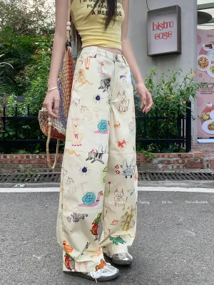 Hop Print Waist High Hip Y2K American Casual Baggy High Street Pockets Pants