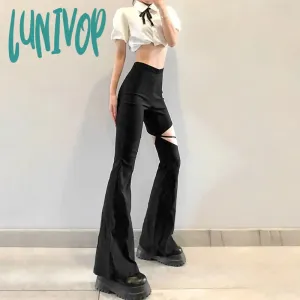 Lunivop Black Mysterious Sexy Slim Fit All-match Classic Commuter Street Travel Hollow Out Vibrant Women's Weave Trousers