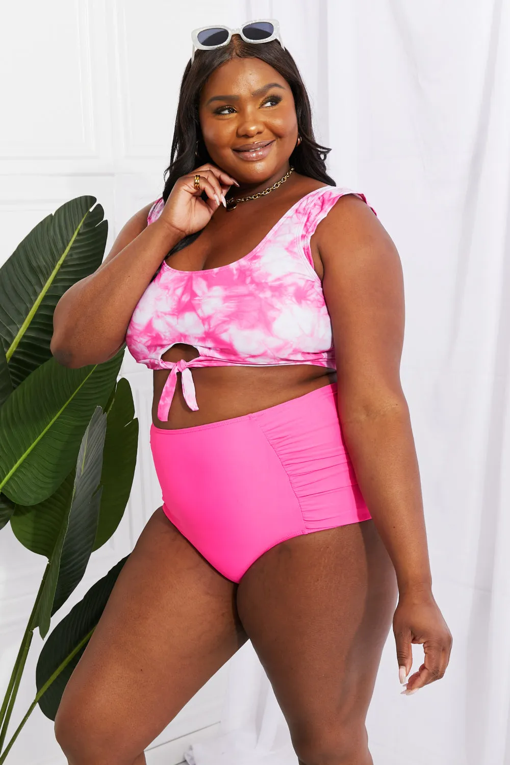 Marina West Swim Sanibel Crop Swim Top and Ruched Bottoms Set in Pink - Ships from The US