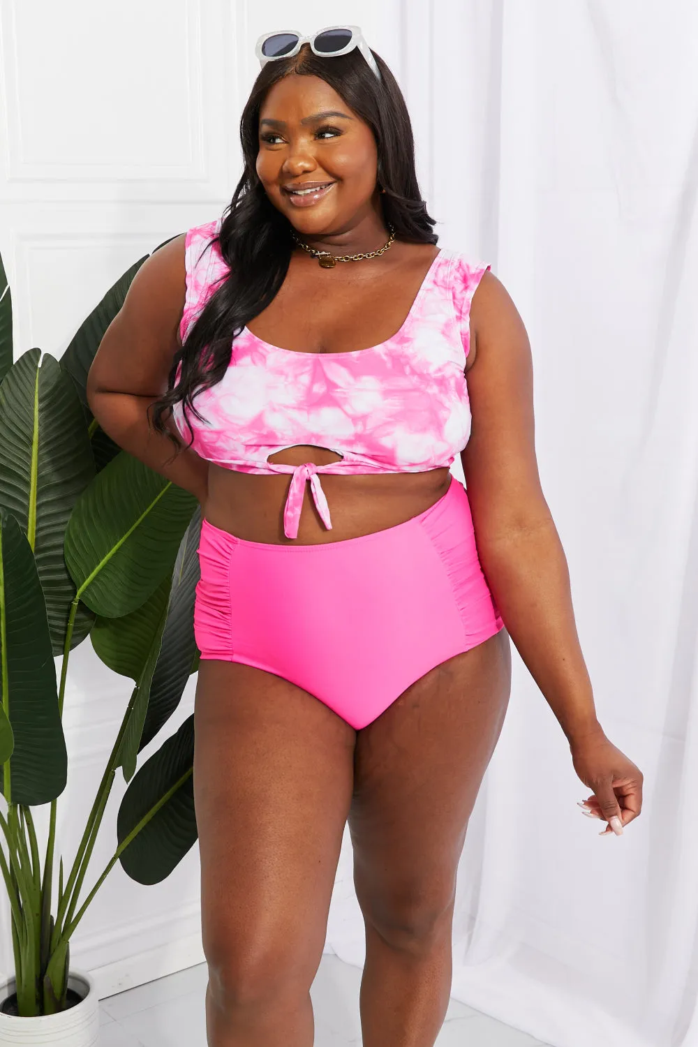 Marina West Swim Sanibel Crop Swim Top and Ruched Bottoms Set in Pink - Ships from The US