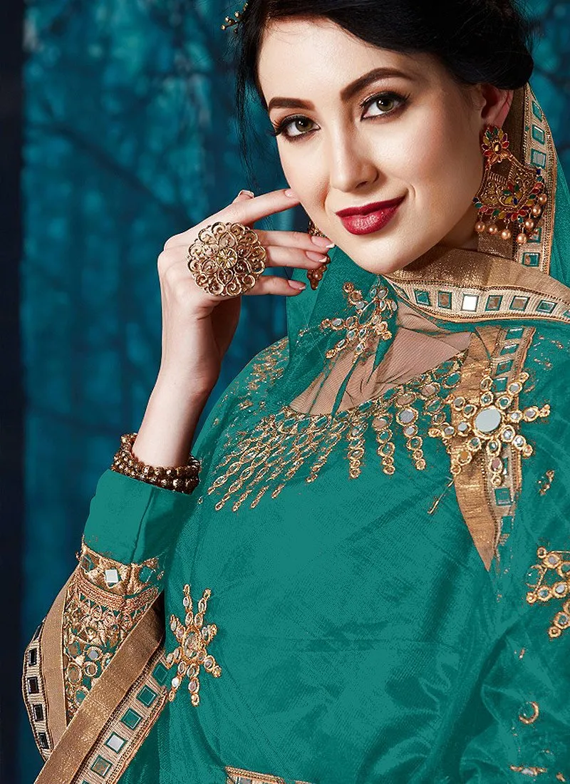 Mirror Work Persian Green Faux Georgette Anarkali Suit