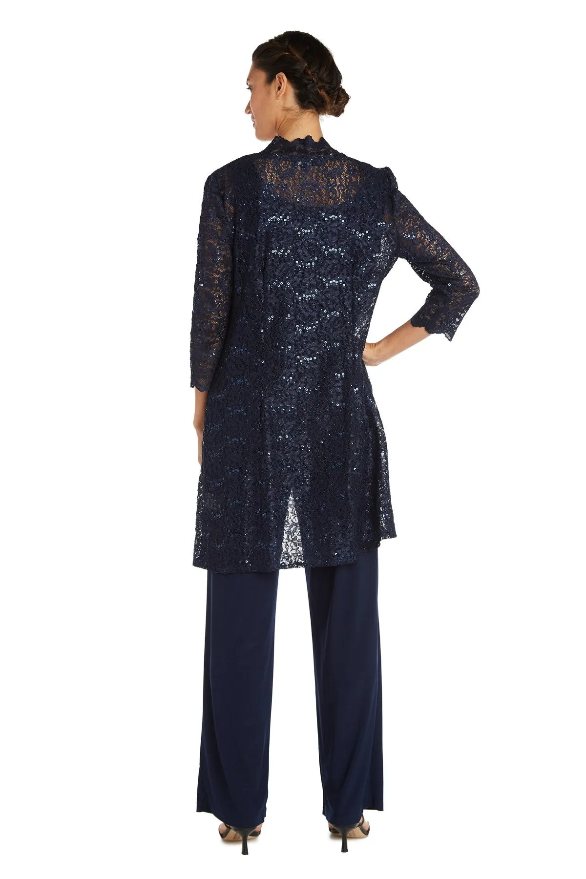 Petite Women's 3 Piece Laced Duster Jacket Shell and Solid Pantsuit