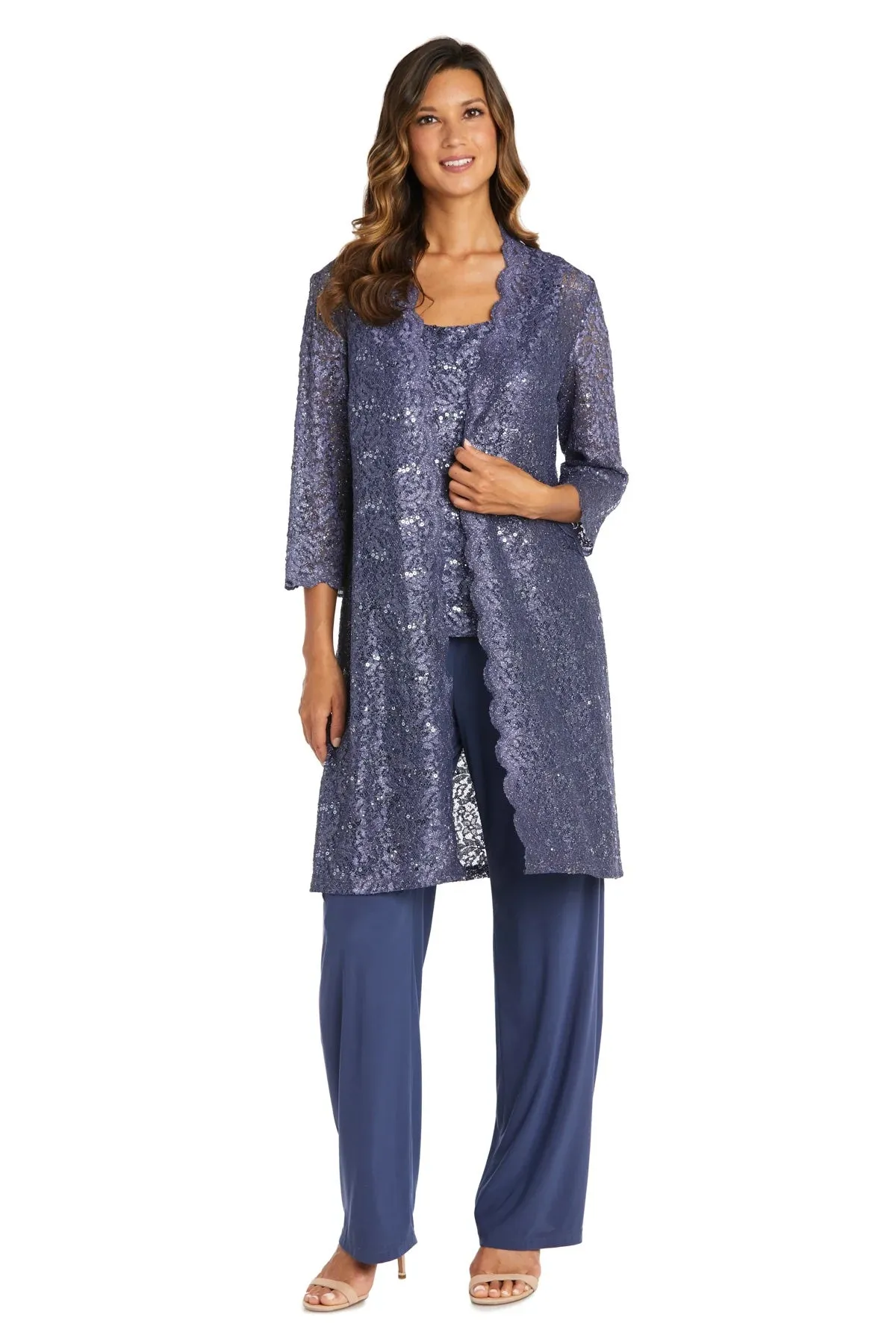 Petite Women's 3 Piece Laced Duster Jacket Shell and Solid Pantsuit