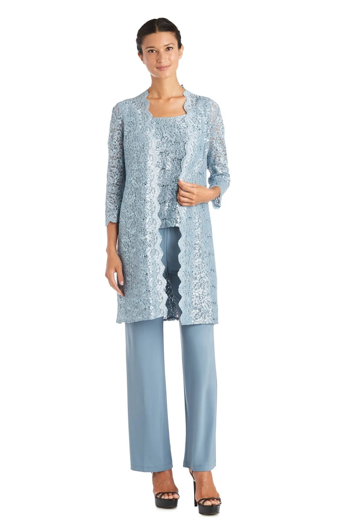 Petite Women's 3 Piece Laced Duster Jacket Shell and Solid Pantsuit