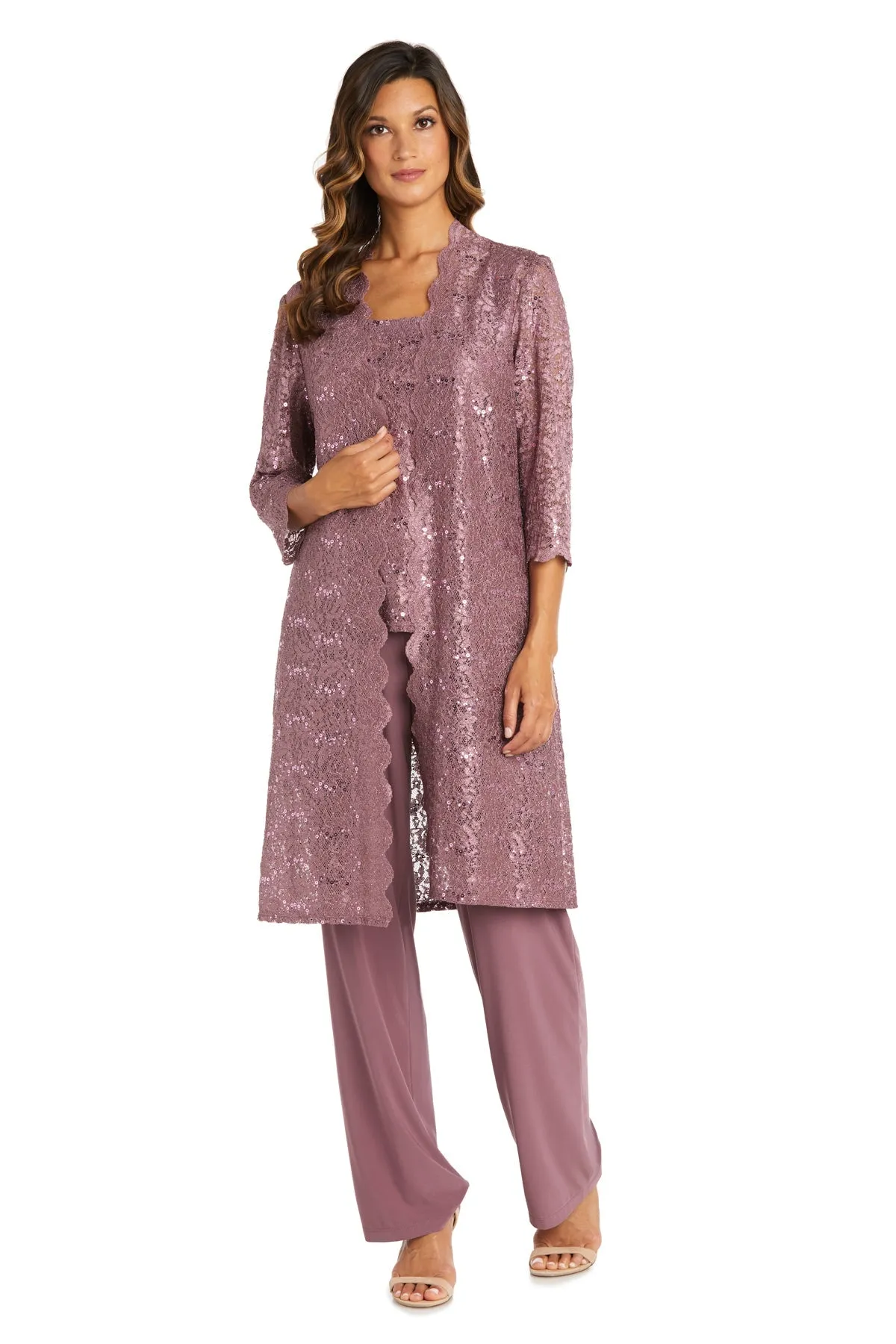 Petite Women's 3 Piece Laced Duster Jacket Shell and Solid Pantsuit